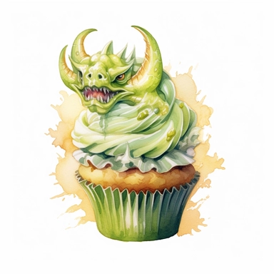 delicious halloween cupcake with dragon , watercolour illustration clipart, extremely detailed, 4k, high quality, colour scheme gold, silver and cream and lime green , , isolated on white background