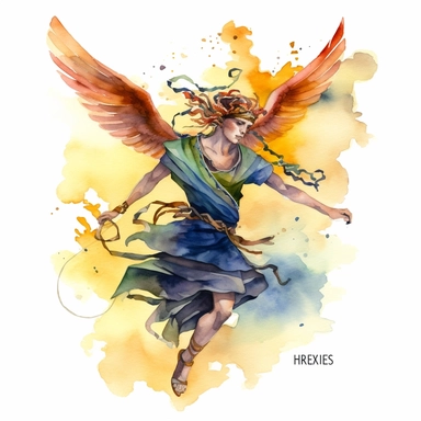 A watercolor clipart of Hermes, the Greek god of travel and communication, depicted with a youthful and mischievous expression, wearing winged sandals and holding a caduceus, surrounded by swirling colors and dynamic brushstrokes, symbolizing his swift and agile nature