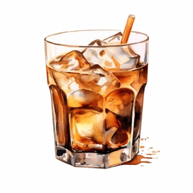 A cold brew coffee with ice, perfect for a hot day clipart, white background, watercolor drawing