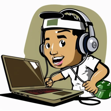 a comical clipart version of a male nurse who is of Filipino descent who has a comically large headset that dominates the image who is working at a macbook and is safe for work