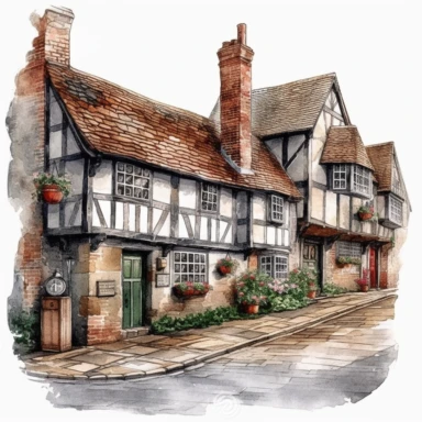 main street of a quaint old english village, white background, clipart, watercolor style--q2--v5.1