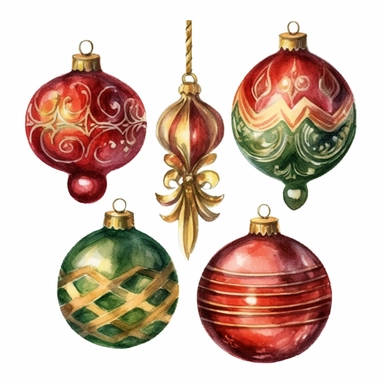 watercolor clipart of Christmas toys, vintage red green gold colors, isolated on white background