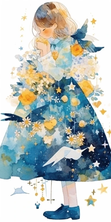 Watercolor beautiful feathers and flowers, stars and universe, exploring 10 years old girl, with smile, Full body, face side, fantasy illustration, perfect face, with beautiful face and with stars, beautiful light brown hair, beautiful face, perfect face, perfect eyes, love, flowing dress, vivid vibrant colors, intricate detail, hyper detailed, hyper quality, 32K, unreal engine, isolated on white background, kawaii, clipart, fantasy art