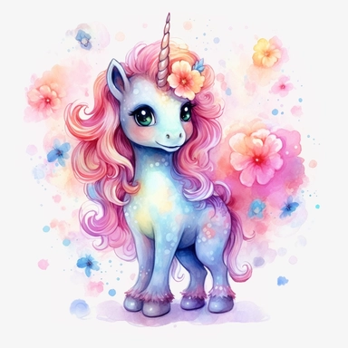 High level watercolor, hyper realistic cartoon, transparent background with margins, 8k, ultra detailed clipart, cute colorful unicorn, with big cute eyes, flower, and shimmering fairy dust, magical pattern, cool, fairy, stand