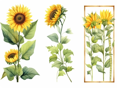 Rectangular frame with greenery and sunflowers in the four corners, floral decor clip art, watercolor, minimalist set, Konica Big Mini