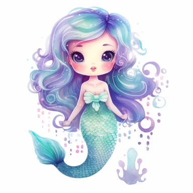 Watercolor pastel baby mermaid, full mermaid with tail, dreamy style clipart on a white background in the style of kawaii sticker art, hand-drawn, storybook illustration, colored line art, colored outlines, queencore design, ombre, cool tones: colored line art, colored outlines, iridescent ombre, gradient shading, cool tone, plain white background, svg clipart