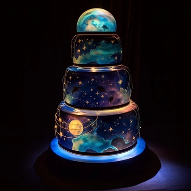Interactive winter cake, 5-tier, spherical design, each tier representing a celestial body in the couple's unique layer, hand-painted with edible luminescent colors, creating an ethereal glow in dim lighting, a motorized, food-safe mechanism enabling the tiers to rotate slowly, decorated with sugar constellations depicting the couple's love story, an embedded touchscreen interface allowing guests to explore the cake's design, and a built-in, synchronized light and sound show that activates when 