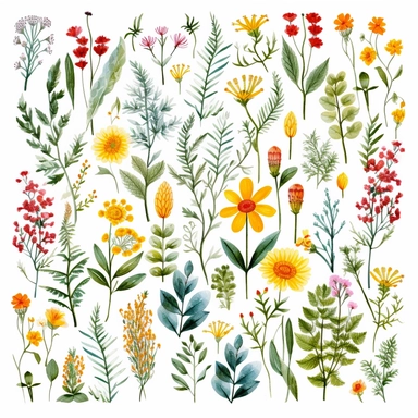a pattern of individual summer flowers and ferns in the style of clipart on a white background