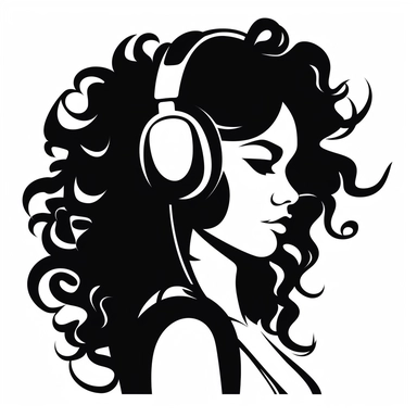 create a clipart icon of a fashionable black woman with long curly hair, on a headset phone call, logo, simple silhouette