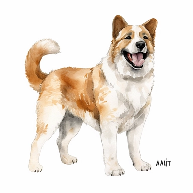 akita, with curled tail, happy, whole body, standing, clipart, hand-drawn clipart, realistic, clear lines, neutral watercolor, isolated, white background,