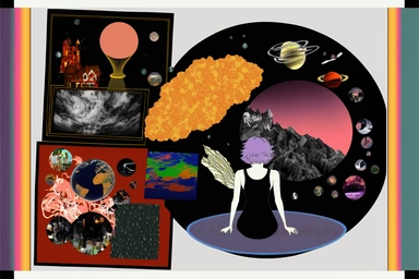round, winamp skin, raining outside the window, ( collage ), fairy wings, buggy, bloomy, bad dream, chimney, kawaii colors, it is flying through space, clipart person followed by a shadow made of lava The solar system neatly organized in an artistic way a computer screen with a mountain in the background, by Torii Kiyomasu, tumblr, computer art, pastel goth aesthetic, space color scheme, , philosophical splashes of colors, instagram art, various windows open on desktop, graphic design software, 