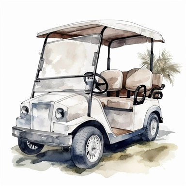 Idyllic watercolor clipart of a luxury elite White golf cart on isolated on a pure white background, insane detail,
