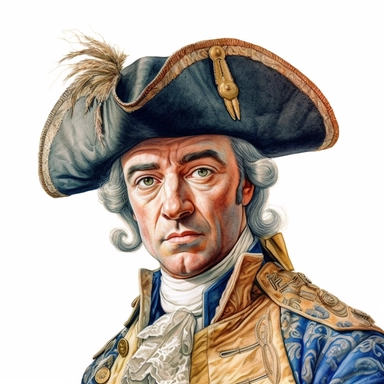 A hyper-realistic close-up portrait of an 18th-century gentleman with an embroidered tricorn hat and gold-trimmed coat watercolor clipart, white background