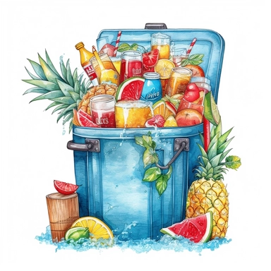 watercolor, hyper realistic, white background, white margins, 16k, ultra detailed clipart, cut out image, hand-drawn, whimsical a vibrant beach cooler filled with ice and tropical drinks. Bright turquoise, sunny yellow, and vibrant coral