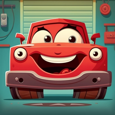 a funny red car for kids smiling in a car garage full of mechanic, flat clipart style