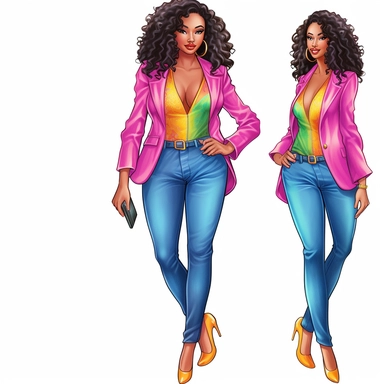 ultra realistic, clipart, hand-drawn, young African American woman is wearing a vibrant and colorful suit jacket, ripped denim jeans that fits her curvy hips, she has glowing skin. She completes her outfit with a pair of simple and elegant high heels that complement the suit jacket. She has ultra long, ultra straight silk pressed hair is carefully styled, framing her face and cascading down her back. Her confident and radiant smile adds to her beauty and grace, making her stand out in any crowd.