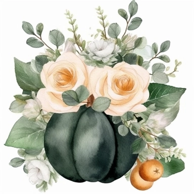 Dark green pumpkin, bouquet of white roses, green leaves, gray eucalyptus leaves, white fruits, watercolor, clipart, illustration, white background