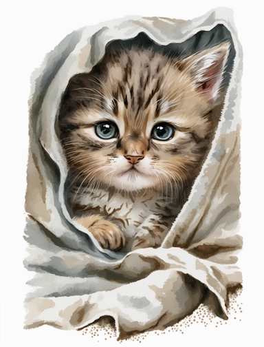 baby cat in a blanket, watercolor clipart, transparent background