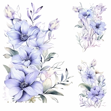 Clip art set, Beautiful Watercolor Floral Corner, Serene and Ethereal mood, Lavender, Ivory, and Pale Blue color combination, Set of serene watercolor floral corners in lavender, ivory, and pale blue tones, creating an ethereal and dreamy atmosphere for wedding invitation designs, vector, contour, white background, clipart set, spaced out, aspect ratio 16:9