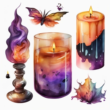 halloween candles water color and hyperrealistic. white background. no tags. CLIPART