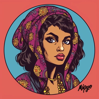 Mike Allred's painting depicting a fashionable professional mysterious young girl African Persian spy, Amoako Boafo Josh Kirby, handpainted punk zine indie retrowave, clipart illustration, circular solid background, circular border
