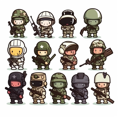 10 stickman soldiers stickers collection, clipart design, cartoon, 4k, white background, photo realism