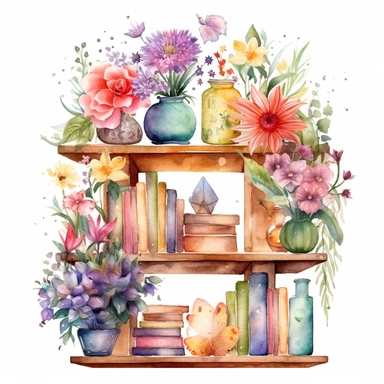 fantasy,cute,little,floral bookshelf with 5/6 books,digital watercolor,light colors,clipart,white background
