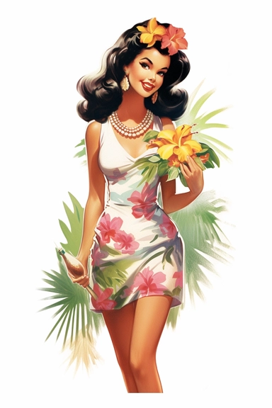hawaiian woman on beach, retro cartoon, drawing clipart, Tropical Sublimation, Coconut Girl, Hibiscus, white background