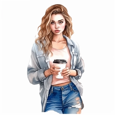 watercolor style, a beautiful girl in casual clothes holding a paper cup of coffee, realistic colors, realistic image. Clipart, isolated on white background, 4K