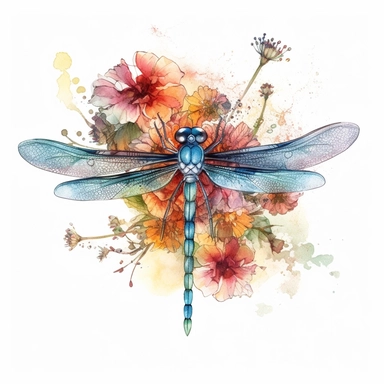 watercolor cute happy single dragonflies with flowers clipart , vintage style isolated on white background sprite sheet on white paper Sharp focus, Intricate, Detailed, Canvas, Highly detailed, extremely detailed 8k, hdr,