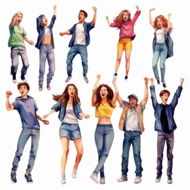 watercolor, Set of amazed, surprised young people. Young men and women with open mouths and excited reactions. Happy, glad teenagers. png Full body realistic cartoon in 32K UHD cute. 15 cm thick outline. Black color. There was no shadow on the ground. 8k with realistic watercolors and detailed illustrations. PNG clipart, transparent white background
