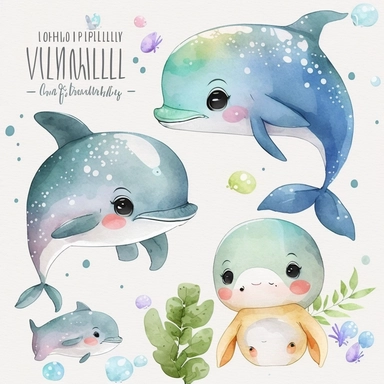 Cute Baby Dolphin Watercolor Clipart Set Kawaii Dolphin Adorable Baby Fish