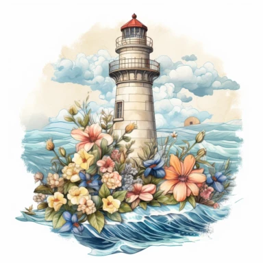 nautical lighthouse floral clipart,,hd,8k,--s,1000,--3:2--,--v 5,ar