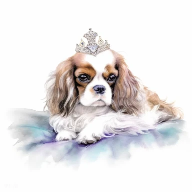 Serene Cavalier King Charles Spaniel lounging on a plush cushion, wearing a dainty collar with a sparkling gem, emanating an air of elegance and sophistication, white background, watercolor clipart.