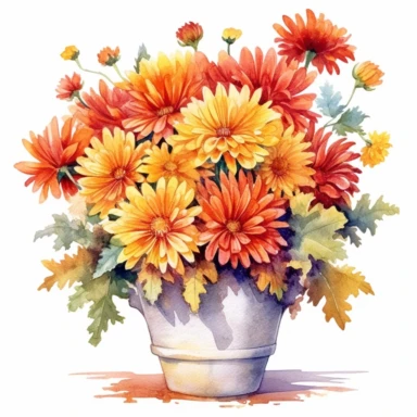 watercolour mums flowers in a potter, clipart, autumn colours, cluster of flowers, red, orange, yellow, white background, spaced out