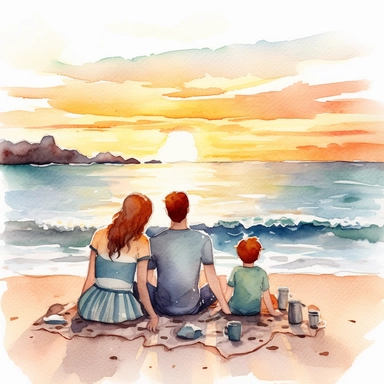 A family Enjoying sunset and sea waves on their picnic day at beach, water color style, clipart, white background