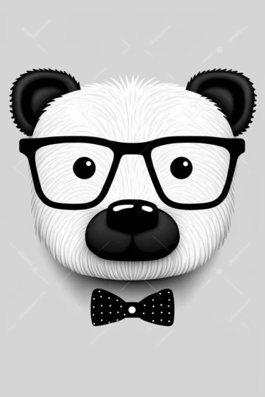 minimalistic pixar style clipart, minimalistic nordic style clipart, anthro hipster bear face with mustache, minimalistic black and white color palette,