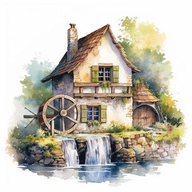 A captivating watercolor clipart artwork showcasing the beauty of an ancient medieval cottage surrounded by nature's tranquility. The cottage, situated alongside a calm and meandering river, features a charming waterwheel that turns gracefully, adding a touch of whimsy to the scene. The artist's meticulous attention to detail brings the rustic cottage to life, with textured stone walls, a thatched roof, and vibrant vegetation. Against a pure white background, the watercolor medium creates a soft