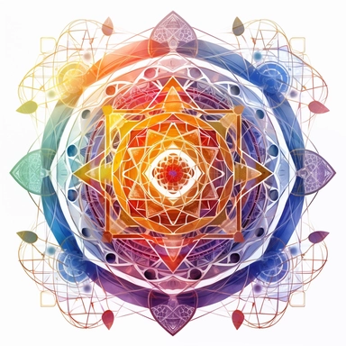 clipart of metatron's cube, sacred geometry, intricate details, vibrant chakra colors, on white background
