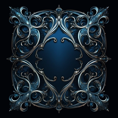 Filigree borders or frame clipart, hd, detailed, on black background, square. A square hollow frame against the dark night, in the style of dark silver and and blue, curves, changelingcore, fine lines, delicate curves, eerily realistic, ravencore