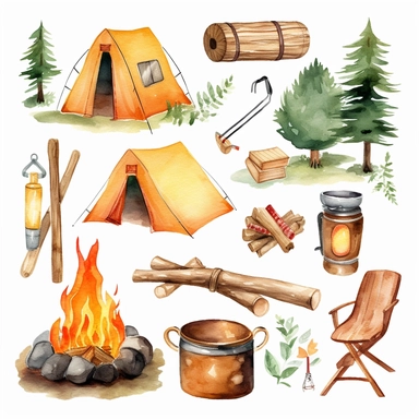 Watercolor vintage camping fire clipart