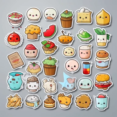 clipart elements, series of stickers, super cute sweets , kawaii style, each sticker with a white outline, light grey background