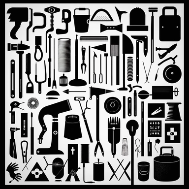 a black and white picture of various tools, a silk screen, clipart, fluxus, rows of tools, hammer, golf club, football, syringe, camera, drill, scissors, guitar, horn, axe, radio, sword, pliers, crowbar, airhorn, binoculars, blowtorch, shotgun, hockey stick, chainsaw, shovel, pitchfork, ladle, frying pan, creative commons attribution, business logo, (dark shorter curly hair), cogs:1000, 2010