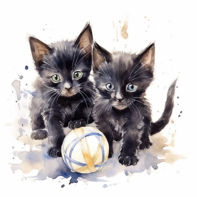 Clipart, watercolor, white background: Two playful black kittens chasing a ball of yarn, their eyes gleaming with excitement.