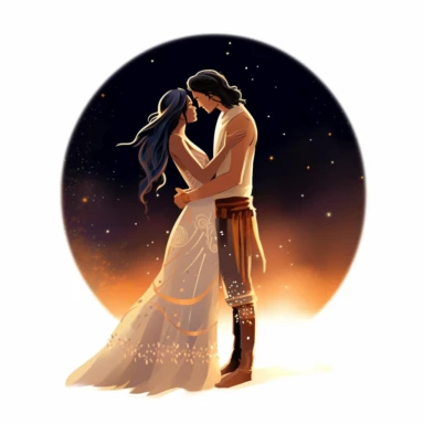 Indigenous bride and Asian groom, sharing a tender kiss under a starlit sky, their love illuminating the night, earthy tones, Pixar style, Clipart on a white background.