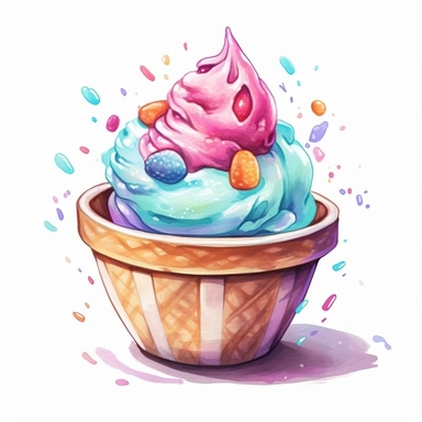 A watercolor clip-art showcasing a colorful and whimsical ice cream cup or bowl filled with scoops of ice cream, adorned with creative toppings and decorative elements, adding a touch of fun and playfulness to your designs.