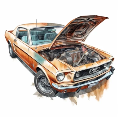 Clean Ford Mustang car, clean car, hood open, reveals a rusted motor, just the motor is rusted, clipart