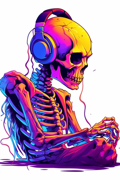 Skeleton playing video game, wearing headphones, playstation, very vibrant colors, cartoon style, white background, clipart, colorful, HD