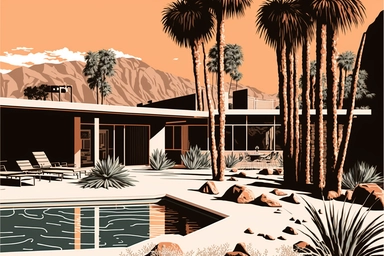 brutalist midcentury house and swimming pool in palm springs, 1960's, happy, friendly, washingtonia palms, butterfly roof, low camera angle, pool, bob peak, letraset clipart, slim arrons