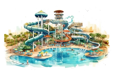 watercolor aquapark party, Hyperrealistic watercolor illustration isolated on white background with margins, realistic with high details, art decals, clipart, distinct lineart, illustrated album, hyper quality, 32K, unreal engine, Hyperrealism